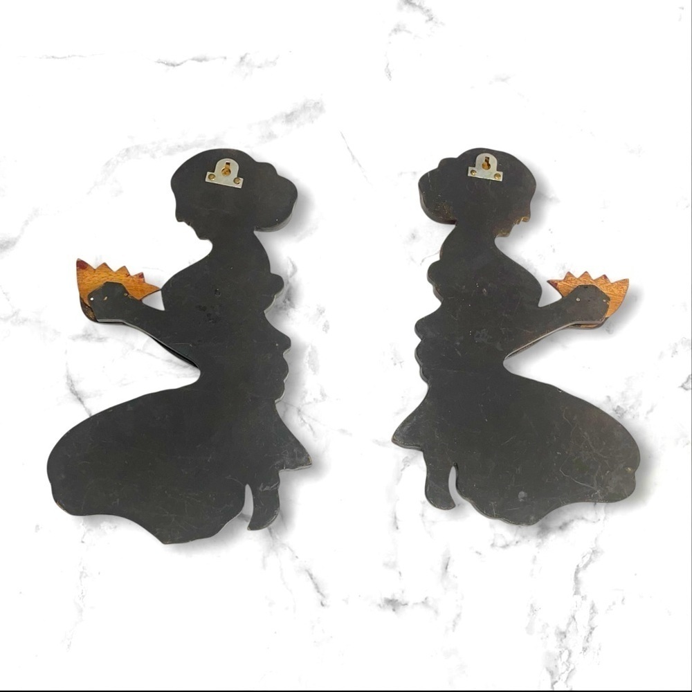 Set of 2 Handcrafted Wooden Asian Women Lotus Wall Decor Gold Accents - Picture 5 of 10